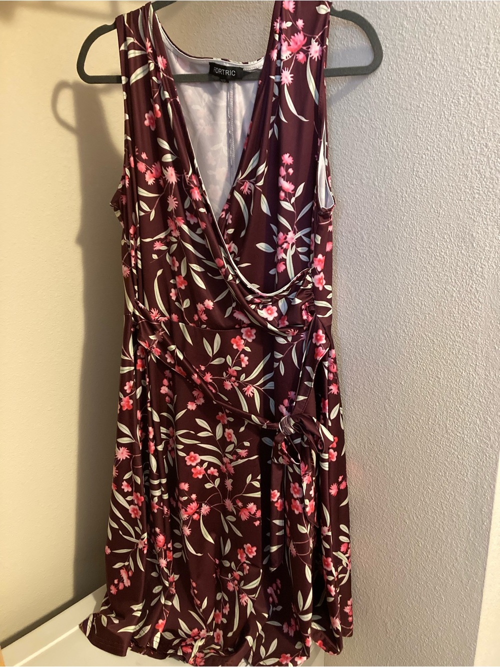 Burgundy Floral Faux-Wrap Midi Dress
